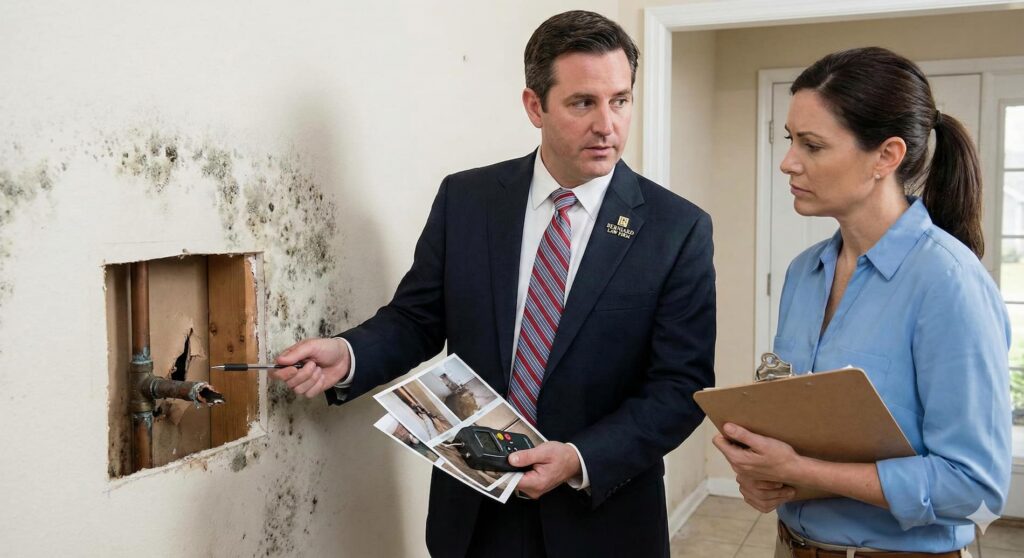 A Berniard Law Firm attorney presenting evidence of sudden water damage to an insurance adjuster to prove a mold claim is valid.
